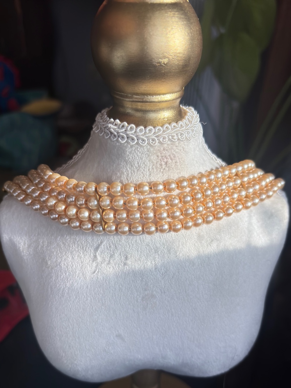 Four Layered Champagne Shell Beads/Faux Pearl Choker Necklace. Adjustable Silk
